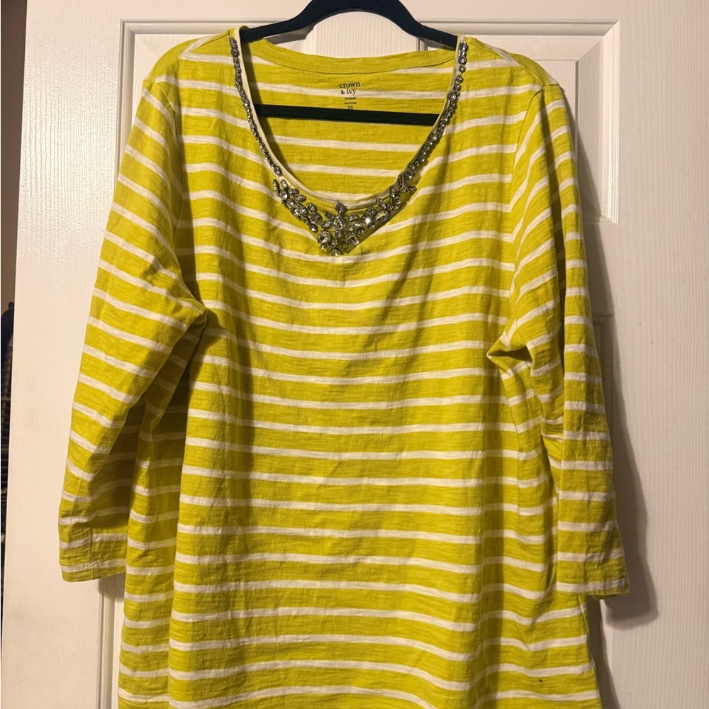 Crown & Ivy Lemon Striped Long Sleeve Top with Embellished Neckline